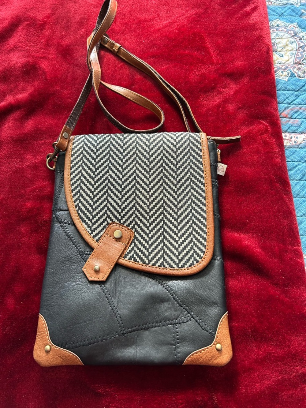 Black and Tan Crossbody Bag with Herringbone Flap